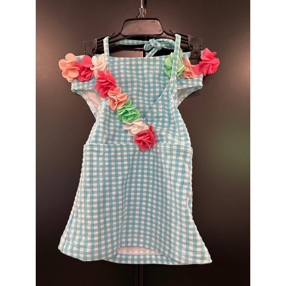 Tommy Bahama Kids Girls 2T Gingham Floral Tankini Swimsuit Blue White UPF 50+